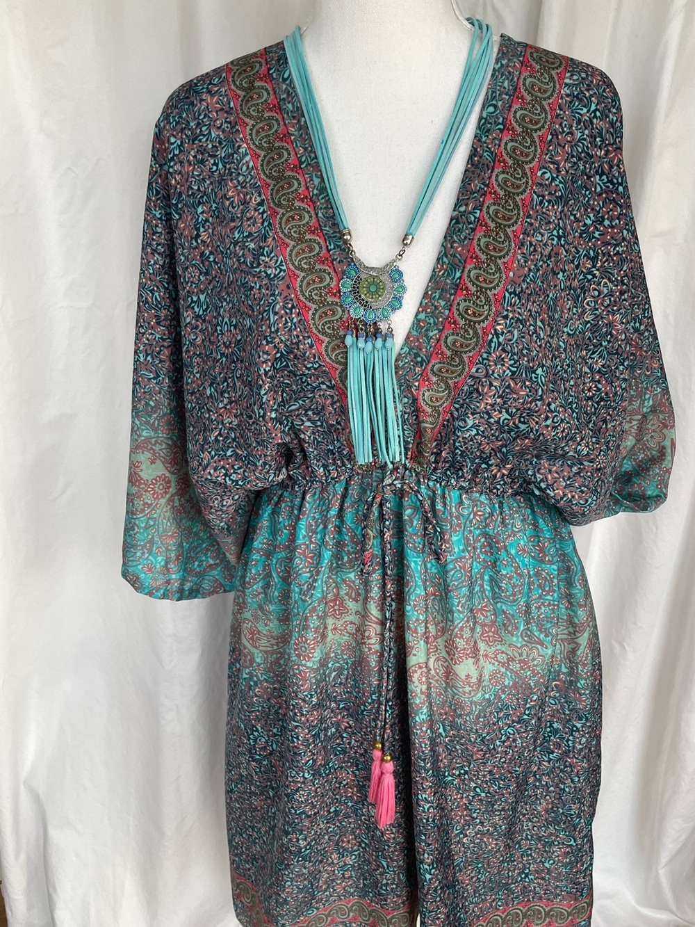 Boho V-Neck Teal Paisley Midi Dress with Tassel Drawstring